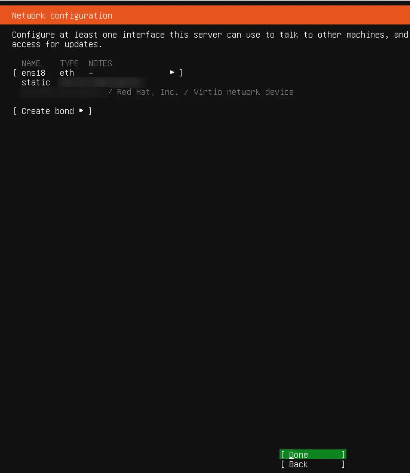 شاشة Network configuration بعد الحفظ والبطاقة ens18 بحالة static