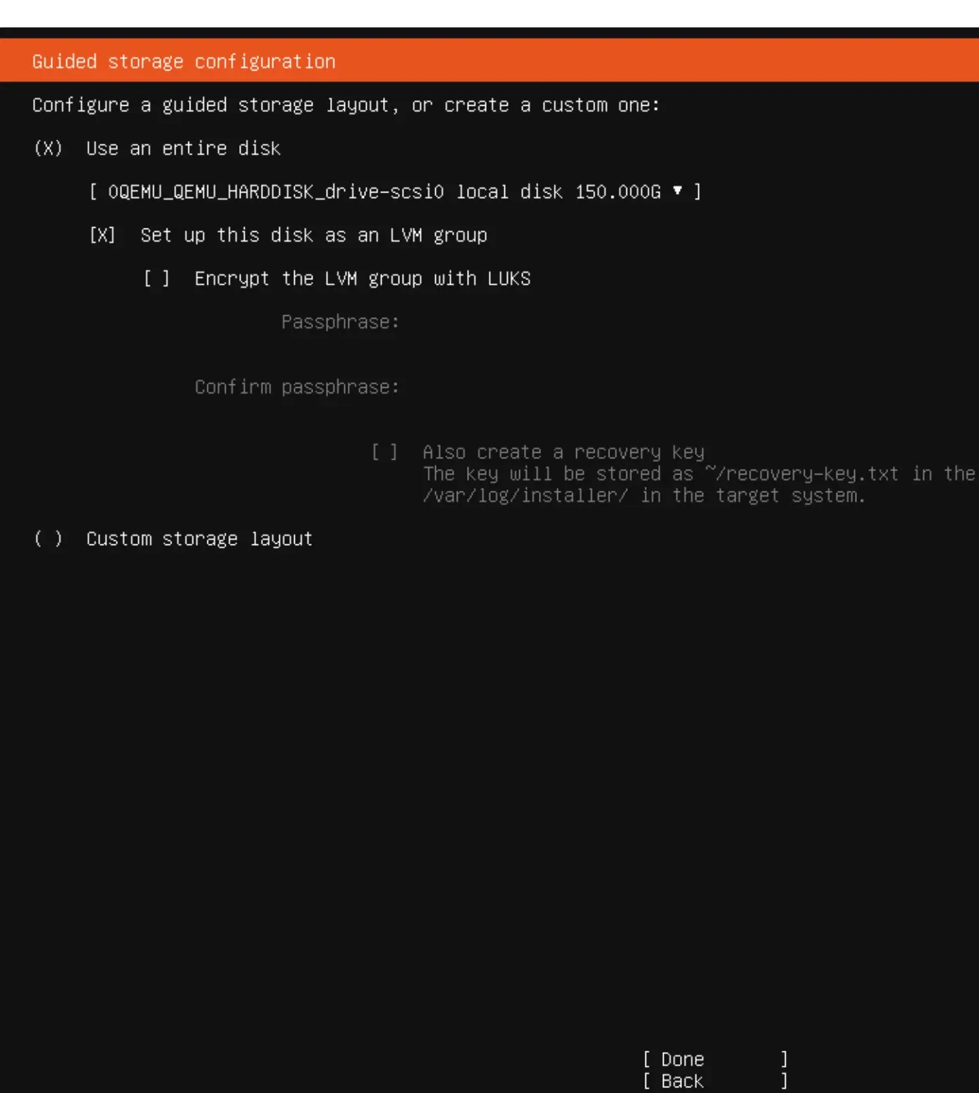 شاشة Guided storage configuration مع Use an entire disk وSet up this disk as an LVM group