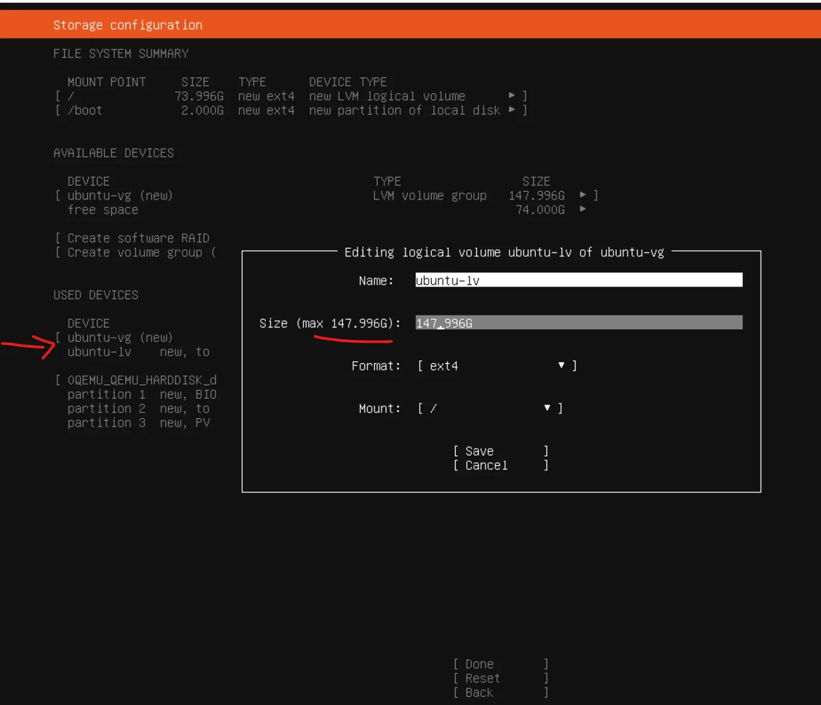 نافذة Editing logical volume ubuntu-lv مع إدخال الحجم الأقصى