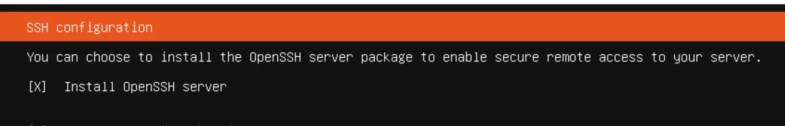 شاشة SSH configuration مع تفعيل Install OpenSSH server