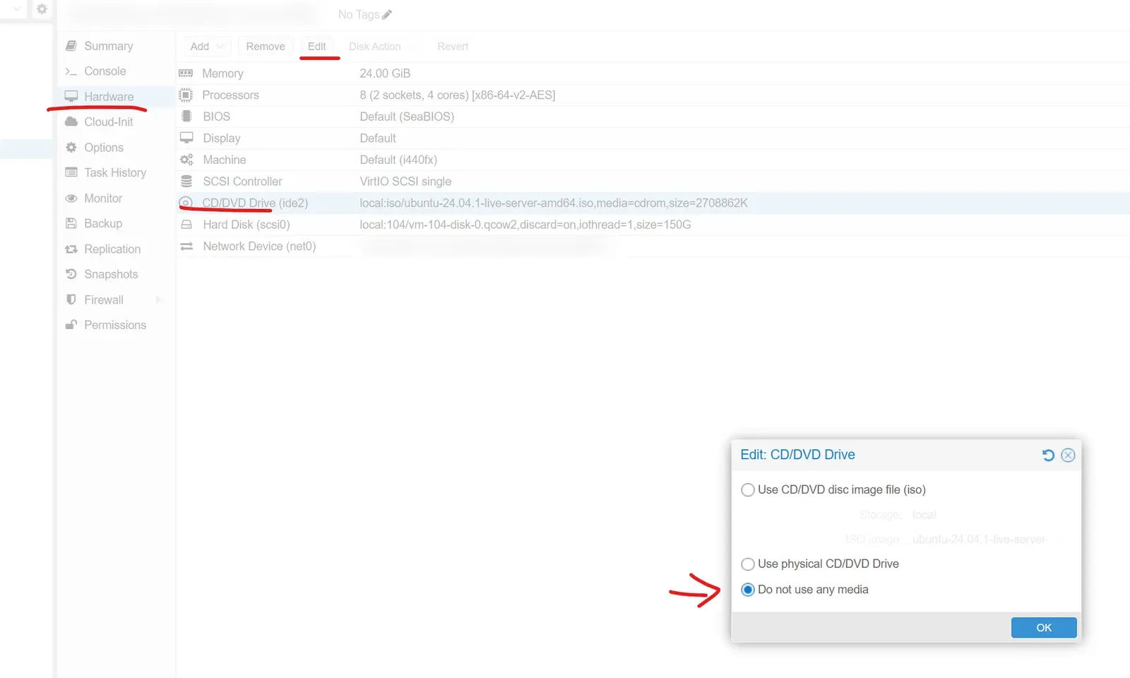 صفحة Hardware في Proxmox ونافذة Edit CD/DVD Drive مع اختيار Do not use any media