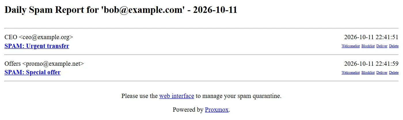 التقرير اليومي Daily Spam Report for bob@example.com بتاريخ 2026-10-11: رسالة CEO بعنوان SPAM: Urgent transfer ورسالة Offers بعنوان SPAM: Special offer، وبجانب كل منها روابط Welcomelist وBlocklist وDeliver وDelete، ورابط web interface لإدارة الحجر