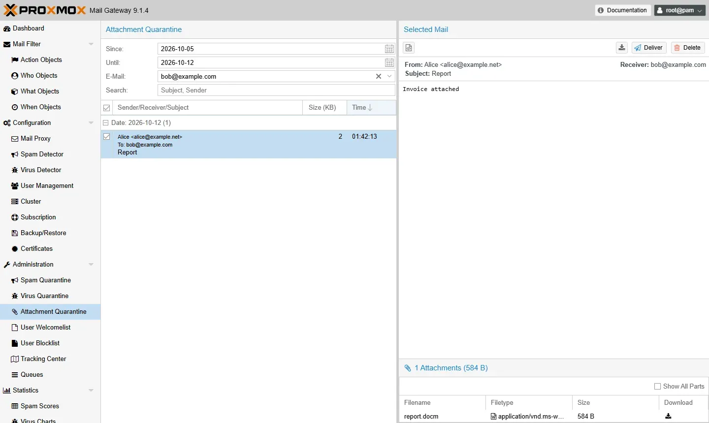 Attachment Quarantine في PMG لـ bob@example.com: رسالة Report من Alice، وعلى اليمين نصها وزرا Deliver وDelete، وفي الأسفل المرفق report.docm من نوع application/vnd.ms-word بحجم 584 بايت مع زر تنزيل