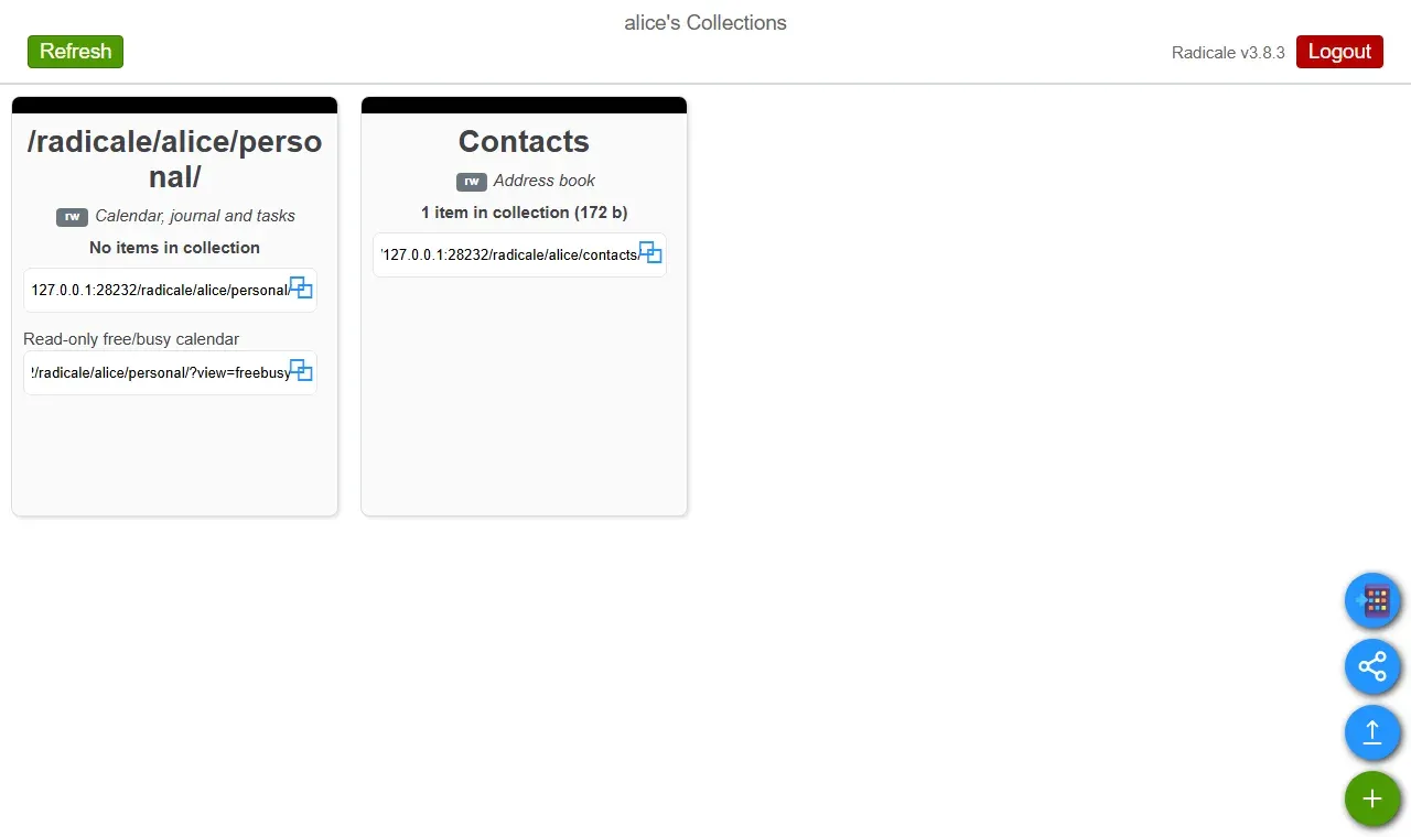 واجهة Radicale 3.8.3 بعد دخول alice، وفيها التقويم الشخصي alice personal دون مواعيد مع رابط free/busy، ودفتر العناوين Contacts وفيه جهة اتصال واحدة، وأزرار لإنشاء مجموعة جديدة ورفع ملف والمشاركة