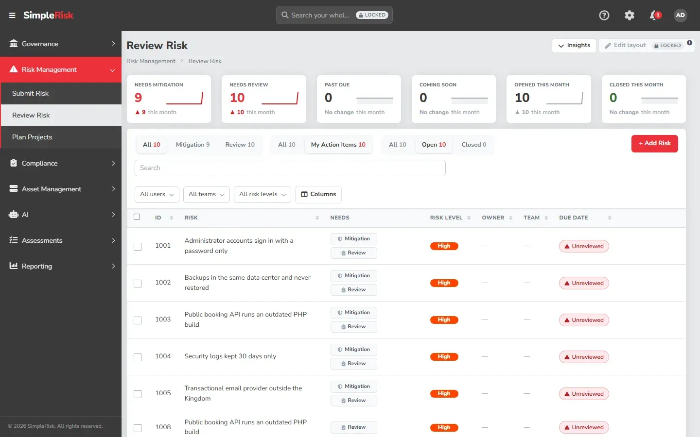 صفحة Review Risk في SimpleRisk فيها خمس مخاطر بأرقام 1001 إلى 1005 وكلها بمستوى High وحالة Unreviewed، وعدادات Needs Mitigation وNeeds Review بقيمة 5