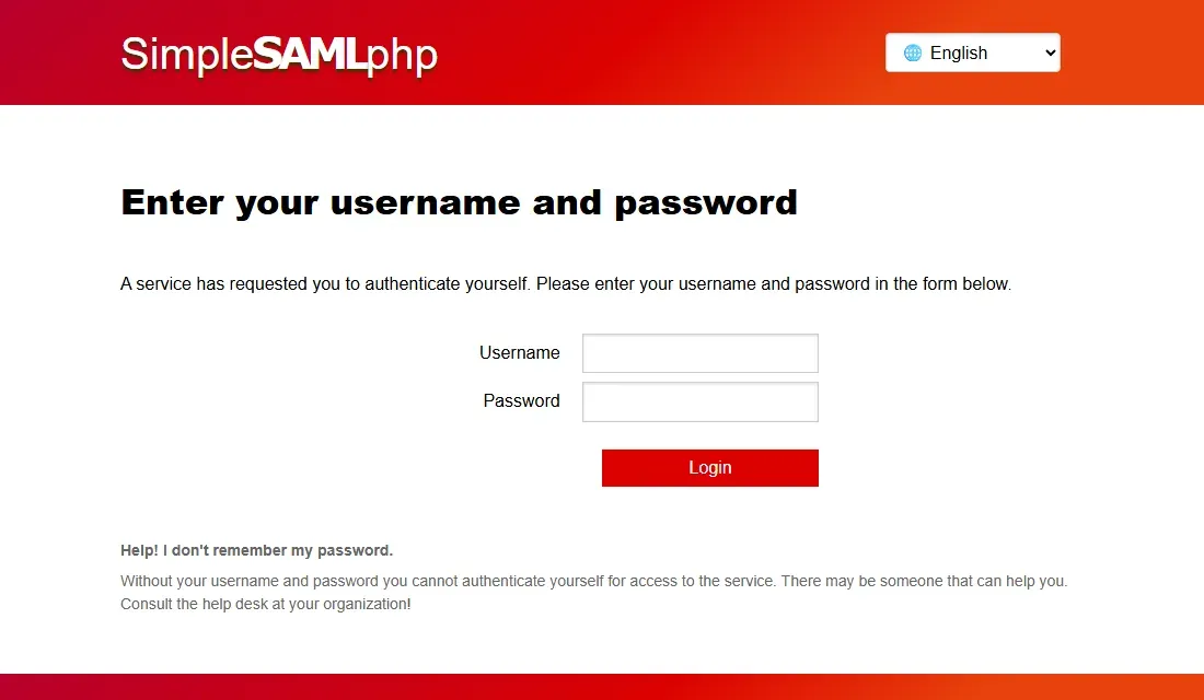 صفحة دخول SimpleSAMLphp بعنوان Enter your username and password وفيها حقلا Username وPassword وزر Login