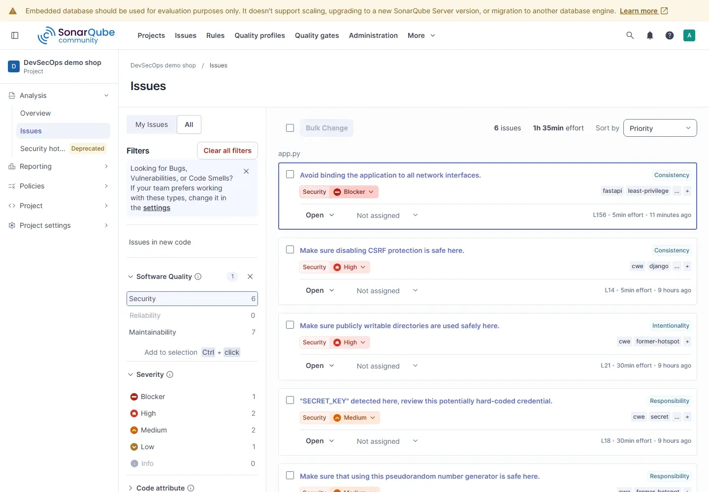 صفحة Issues في SonarQube مع فلتر Security وفيها 6 مشاكل: Avoid binding the application to all network interfaces بخطورة Blocker، وMake sure disabling CSRF protection is safe here بخطورة High، وMake sure publicly writable directories are used safely here بخطورة High مع وسم former-hotspot، وSECRET_KEY detected here بخطورة Medium، وبداية مشكلة pseudorandom number generator، وعلى اليسار عدد المشاكل حسب الخطورة: Blocker 1 وHigh 2 وMedium 2 وLow 1