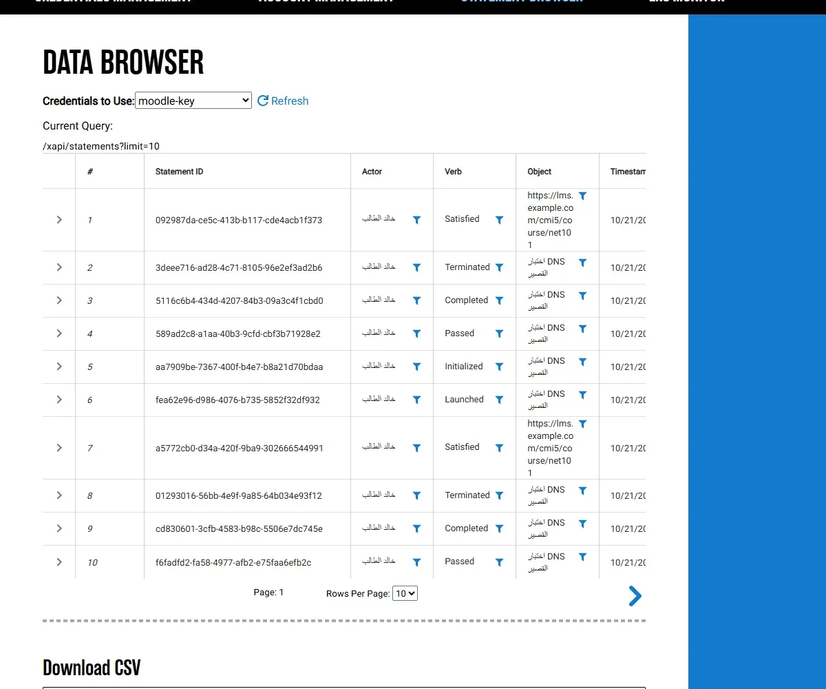 متصفح البيانات Data Browser في SQL LRS: بيانات الدخول moodle-key، والاستعلام الحالي /xapi/statements?limit=10، وجدول فيه رقم الجملة والفاعل خالد الطالب والفعل والمفعول، والصفوف من الأحدث Satisfied للمقرر net101 ثم Terminated وCompleted وPassed وInitialized وLaunched لاختبار DNS القصير، ثم جلسة سابقة بالأفعال نفسها