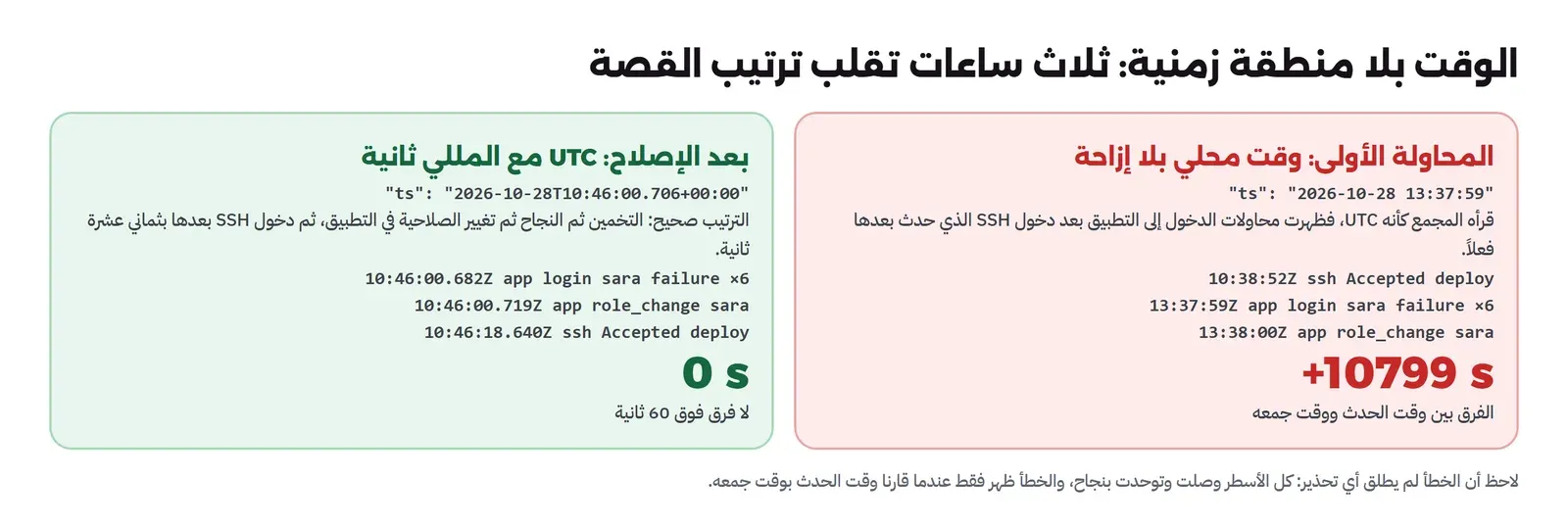 لوحتان: المحاولة الأولى بوقت محلي بلا إزاحة 2026-10-28 13:37:59 قرأه المجمع كأنه UTC فظهرت محاولات دخول التطبيق في 13:37:59Z بعد دخول SSH في 10:38:52Z والفرق بين وقت الحدث ووقت جمعه +10799 ثانية، وبعد الإصلاح بوقت UTC مع المللي ثانية 2026-10-28T10:46:00.706+00:00 صار الترتيب صحيحاً فمحاولات التطبيق وتغيير الصلاحية في 10:46:00 ثم دخول SSH في 10:46:18 بلا فرق فوق 60 ثانية