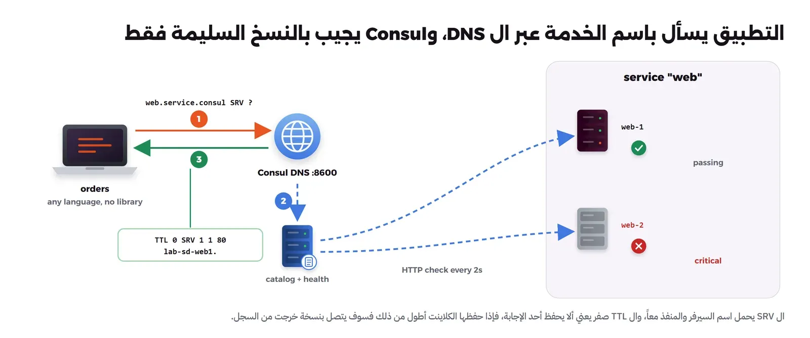 خدمة orders في اليسار مكتوب تحتها any language, no library ترسل في الخطوة 1 سؤال web.service.consul SRV إلى Consul DNS على المنفذ 8600، وفي الخطوة 2 يقرأ Consul الكتالوج وحالة الفحوص، وفي اليمين خدمة web بنسختين: web-1 عليها علامة صح خضراء ومكتوب passing، وweb-2 رمادية عليها X حمراء ومكتوب critical، وأسهم زرقاء متقطعة مكتوب عليها HTTP check every 2s. وفي الخطوة 3 ترجع الإجابة إلى orders وفيها TTL 0 SRV 1 1 80 lab-sd-web1