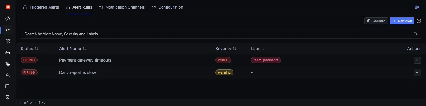 صفحة Alert Rules في SigNoz وفيها قاعدتان بحالة FIRING: Payment gateway timeouts بمستوى critical وملصق team: payments، وDaily report is slow بمستوى warning