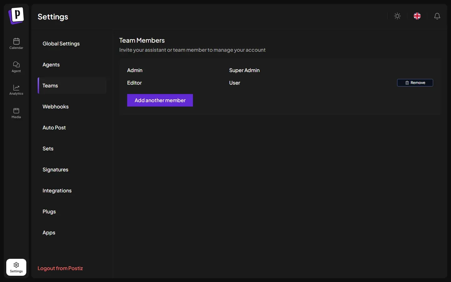 صفحة Settings في Postiz على تبويب Teams، وفيها قائمة Team Members بصفين: Admin بدور Super Admin، وEditor بدور User وبجانبه زر Remove، وتحتهما زر Add another member