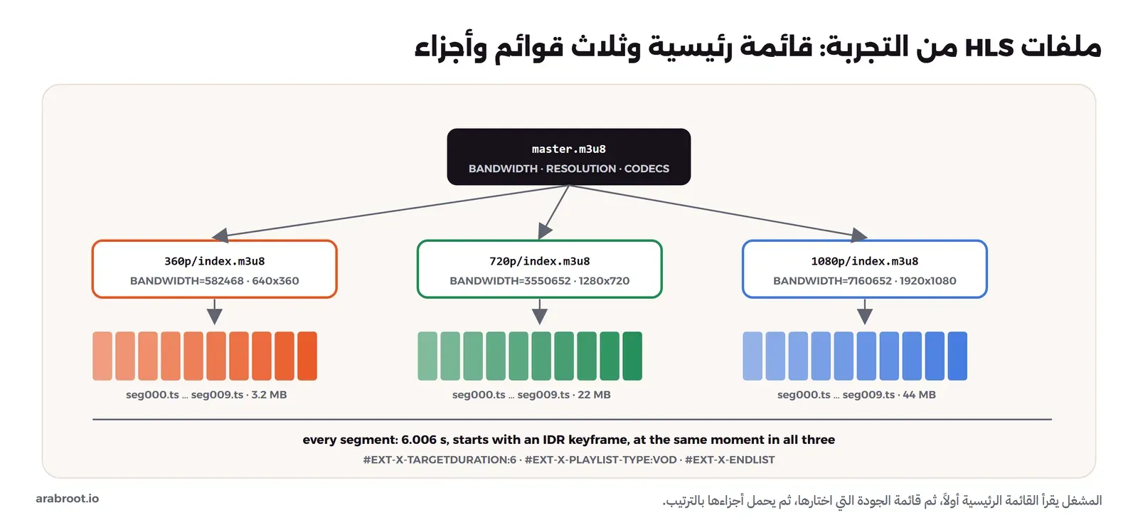شجرة ملفات HLS من التجربة: master.m3u8 في الأعلى يشير إلى ثلاث قوائم 360p/index.m3u8 و720p/index.m3u8 و1080p/index.m3u8 مع BANDWIDTH وRESOLUTION لكل منها، وكل قائمة تشير إلى عشرة أجزاء seg000.ts إلى seg009.ts مدة كل منها 6.006 ثانية، وأحجام الجودات 3.2 و22 و44 ميغابايت، والأجزاء في الجودات الثلاث تبدأ في نفس اللحظات