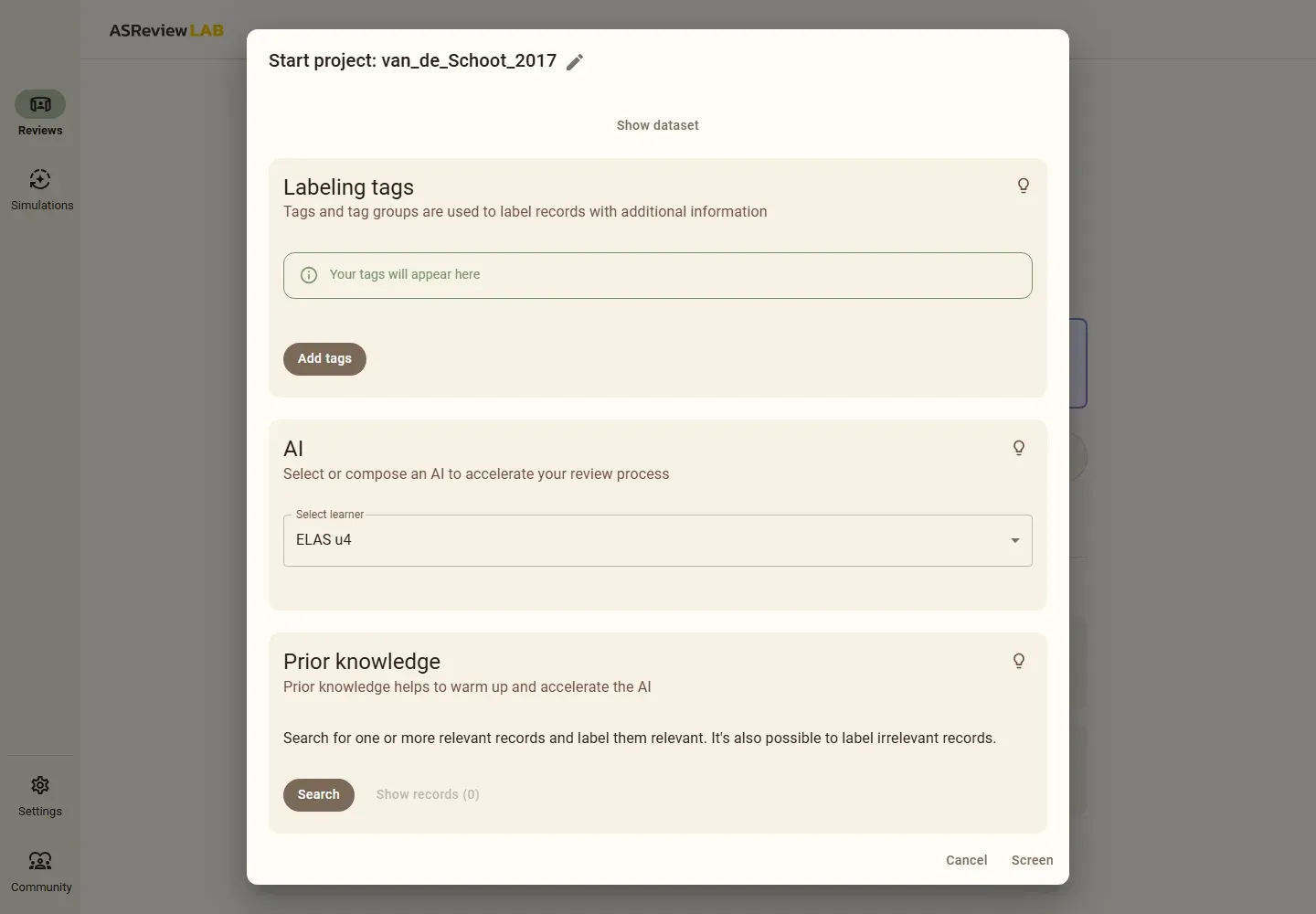 خيارات المشروع في ASReview LAB: وسوم التصنيف Labeling tags، والنموذج AI بقيمة ELAS u4، والمعرفة المسبقة Prior knowledge مع زر Search للبحث عن سجلات ذات صلة وتصنيفها قبل البدء