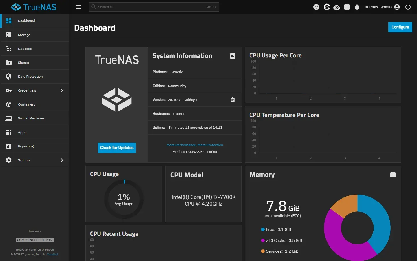 لوحة تحكم TrueNAS بالقائمة الجانبية Dashboard وStorage وDatasets وShares وData Protection وCredentials وContainers وVirtual Machines وApps وReporting وSystem، وبطاقة System Information فيها Edition: Community وVersion: 25.10.7 - Goldeye وHostname: truenas، وبطاقة الذاكرة 7.8 GiB