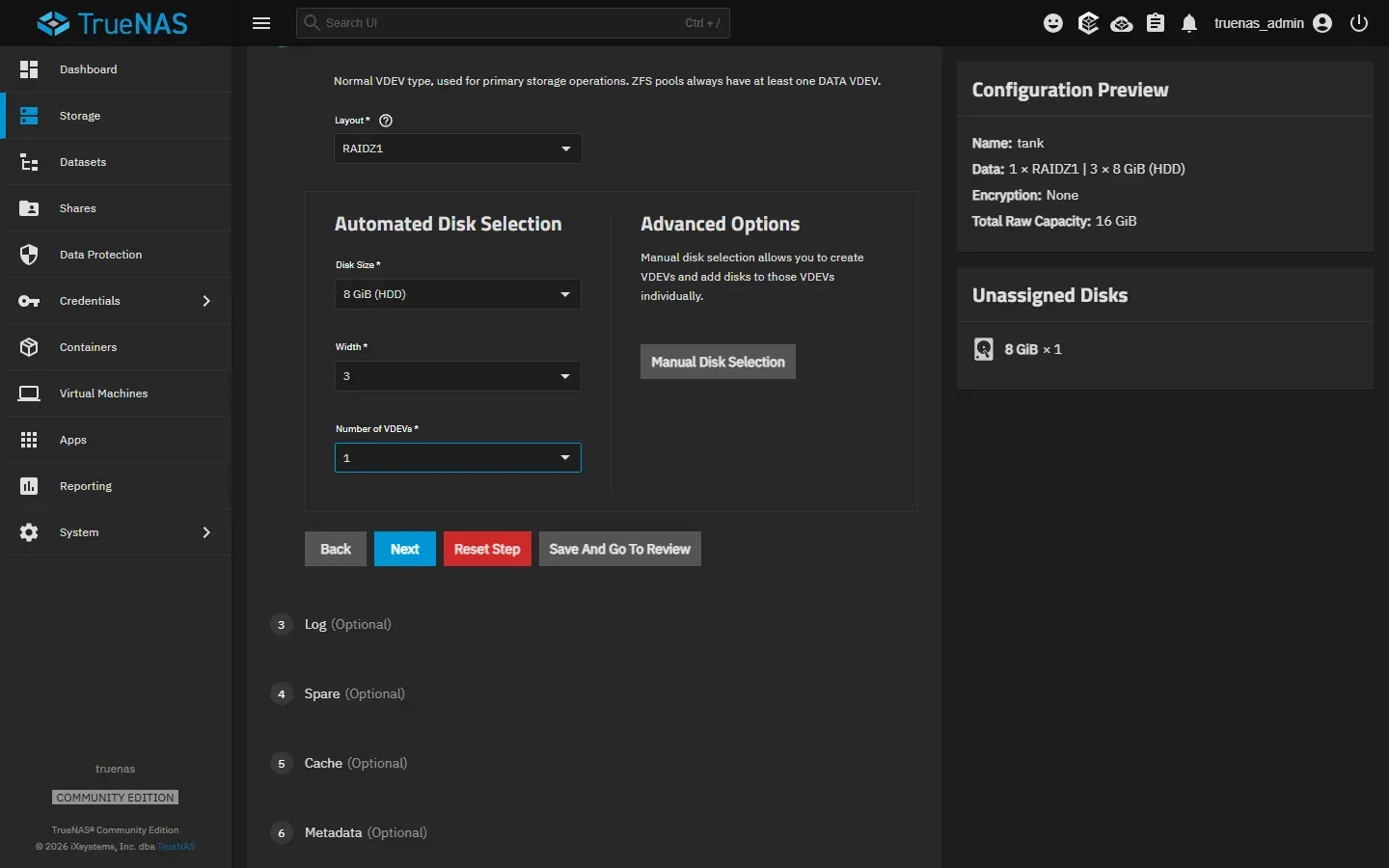 خطوة Data في معالج إنشاء ال Pool: Layout بقيمة RAIDZ1، وقسم Automated Disk Selection فيه Disk Size بقيمة 8 GiB (HDD) وWidth بقيمة 3 وNumber of VDEVs بقيمة 1، وفي اليسار Configuration Preview: الاسم tank وData: 1 x RAIDZ1 | 3 x 8 GiB (HDD) وTotal Raw Capacity: 16 GiB، وتحتها Unassigned Disks: 8 GiB x 1