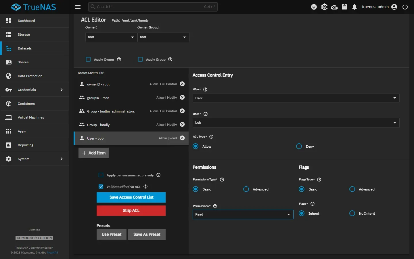 محرر ACL للمسار /mnt/tank/family: القائمة فيها owner@ - root بصلاحية Allow | Full Control، وgroup@ - root بصلاحية Modify، وGroup - builtin_administrators بصلاحية Full Control، وGroup - family بصلاحية Modify، وUser - bob بصلاحية Allow | Read، وفي اليسار Access Control Entry: Who بقيمة User وUser بقيمة bob وACL Type بقيمة Allow وPermissions بقيمة Read وFlags بقيمة Inherit