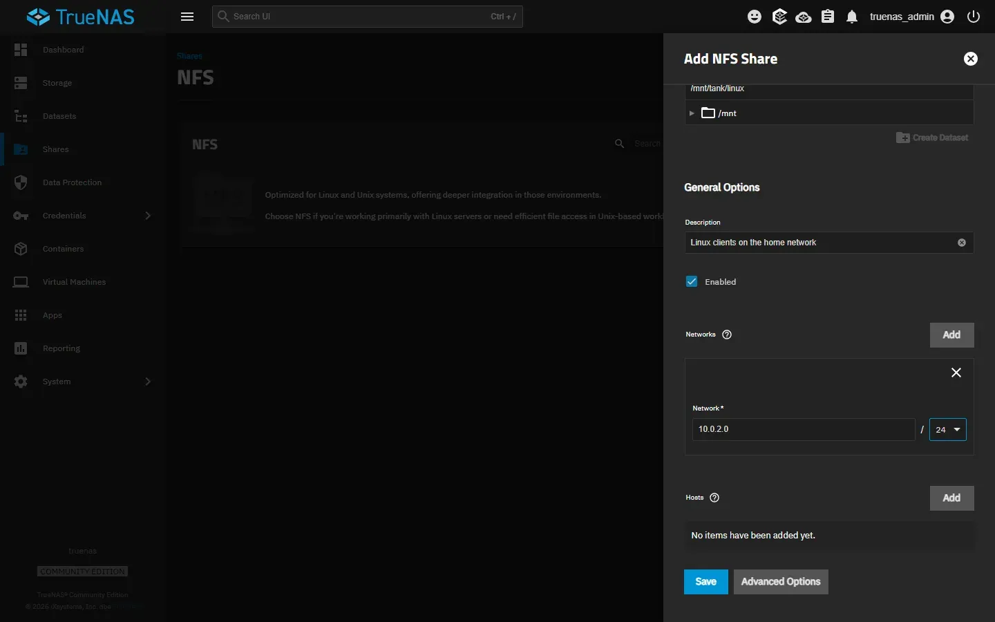 نافذة Add NFS Share: المسار /mnt/tank/linux، والوصف Linux clients on the home network، وخيار Enabled مفعل، وفي Networks شبكة 10.0.2.0 بقناع 24، وقائمة Hosts فارغة