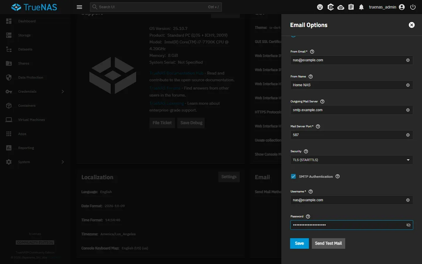 نافذة Email Options: From Email بقيمة nas@example.com، وFrom Name بقيمة Home NAS، وOutgoing Mail Server بقيمة smtp.example.com، وMail Server Port بقيمة 587، وSecurity بقيمة TLS (STARTTLS)، وSMTP Authentication مفعل، وUsername وPassword، وزرا Save وSend Test Mail