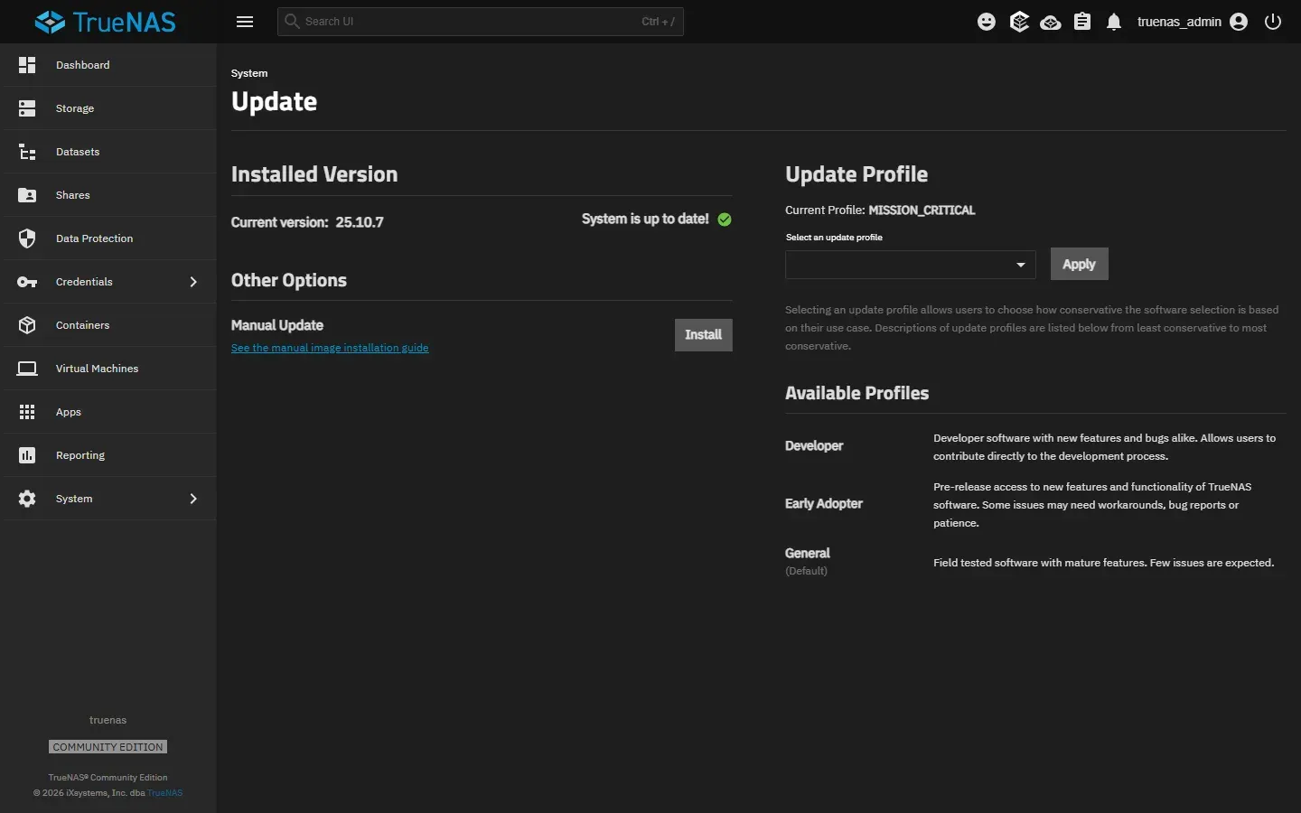 صفحة Update: Current version: 25.10.7 وSystem is up to date، وManual Update مع زر Install، وUpdate Profile فيه Current Profile: MISSION_CRITICAL وقائمة لاختيار ملف آخر، وAvailable Profiles: Developer وEarly Adopter وGeneral (Default) مع وصف كل واحد