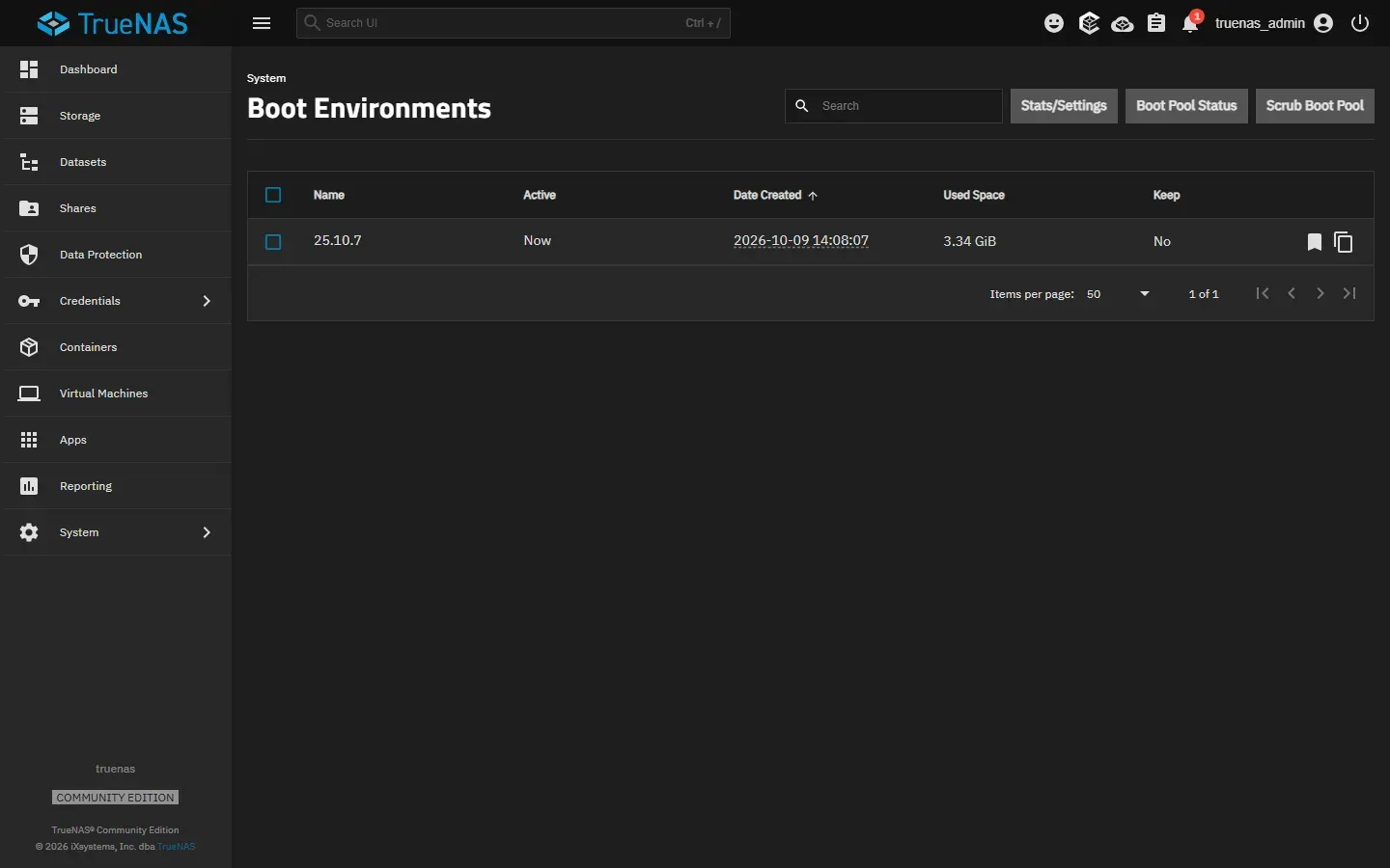 صفحة Boot Environments فيها بيئة واحدة باسم 25.10.7 وحالة Active: Now وتاريخ الإنشاء 2026-10-09 14:08:07 وUsed Space بقيمة 3.34 GiB وKeep بقيمة No، مع أزرار Stats/Settings وBoot Pool Status وScrub Boot Pool