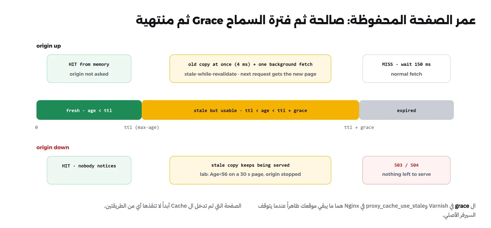خط زمني لصفحة في ال Cache بثلاث مراحل: صالحة ما دام عمرها أقل من ttl، ثم قديمة يمكن تقديمها ما دام العمر أقل من ttl مع grace، ثم منتهية. فوق الخط عندما يعمل السيرفر الأصلي: HIT من الذاكرة، ثم النسخة القديمة فوراً في 4 مللي ثانية مع جلب في الخلفية، ثم MISS ينتظر 150 مللي ثانية. وتحت الخط عندما يتوقف السيرفر الأصلي: HIT، ثم النسخة القديمة تبقى تقدم وفي التجربة كان العمر 56 ثانية لصفحة صلاحيتها 30 ثانية، ثم خطأ 503 أو 504