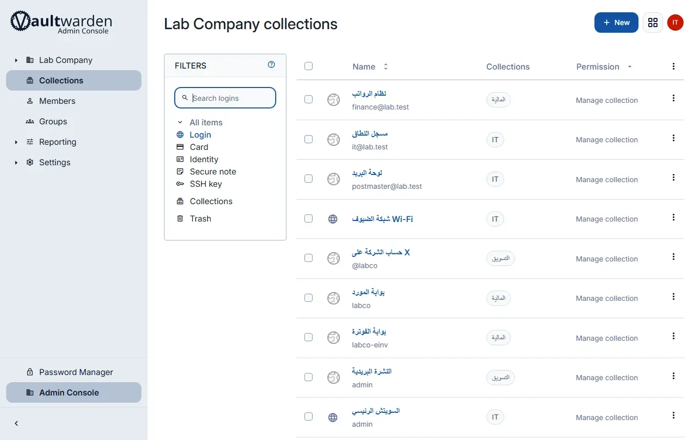 قائمة العناصر من نوع Login في لوحة إدارة المؤسسة Lab Company، فيها نظام الرواتب ومسجل النطاق ولوحة البريد وشبكة الضيوف وحساب الشركة على X وبوابة المورد وبوابة الفوترة والنشرة البريدية والسويتش الرئيسي، ولكل عنصر مجموعته: المالية أو IT أو التسويق