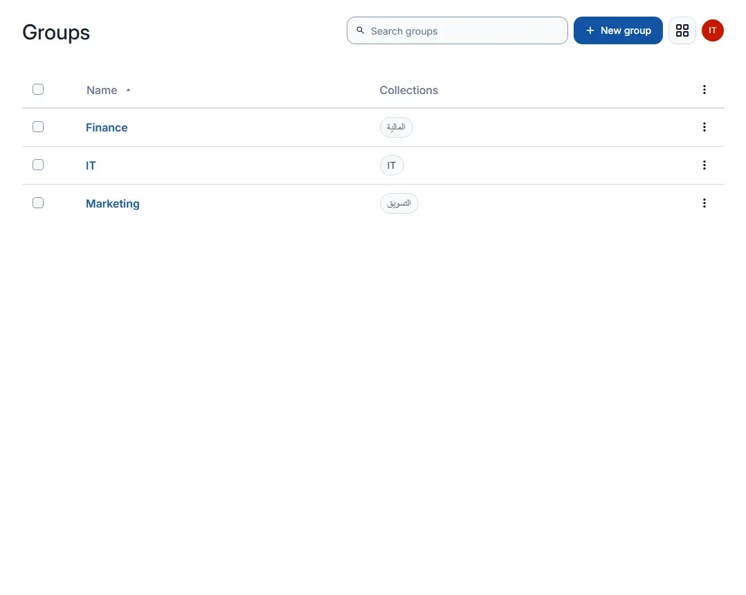 صفحة Groups في لوحة الإدارة Admin Console فيها ثلاثة فرق: Finance مع مجموعة المالية، وIT مع مجموعة IT، وMarketing مع مجموعة التسويق