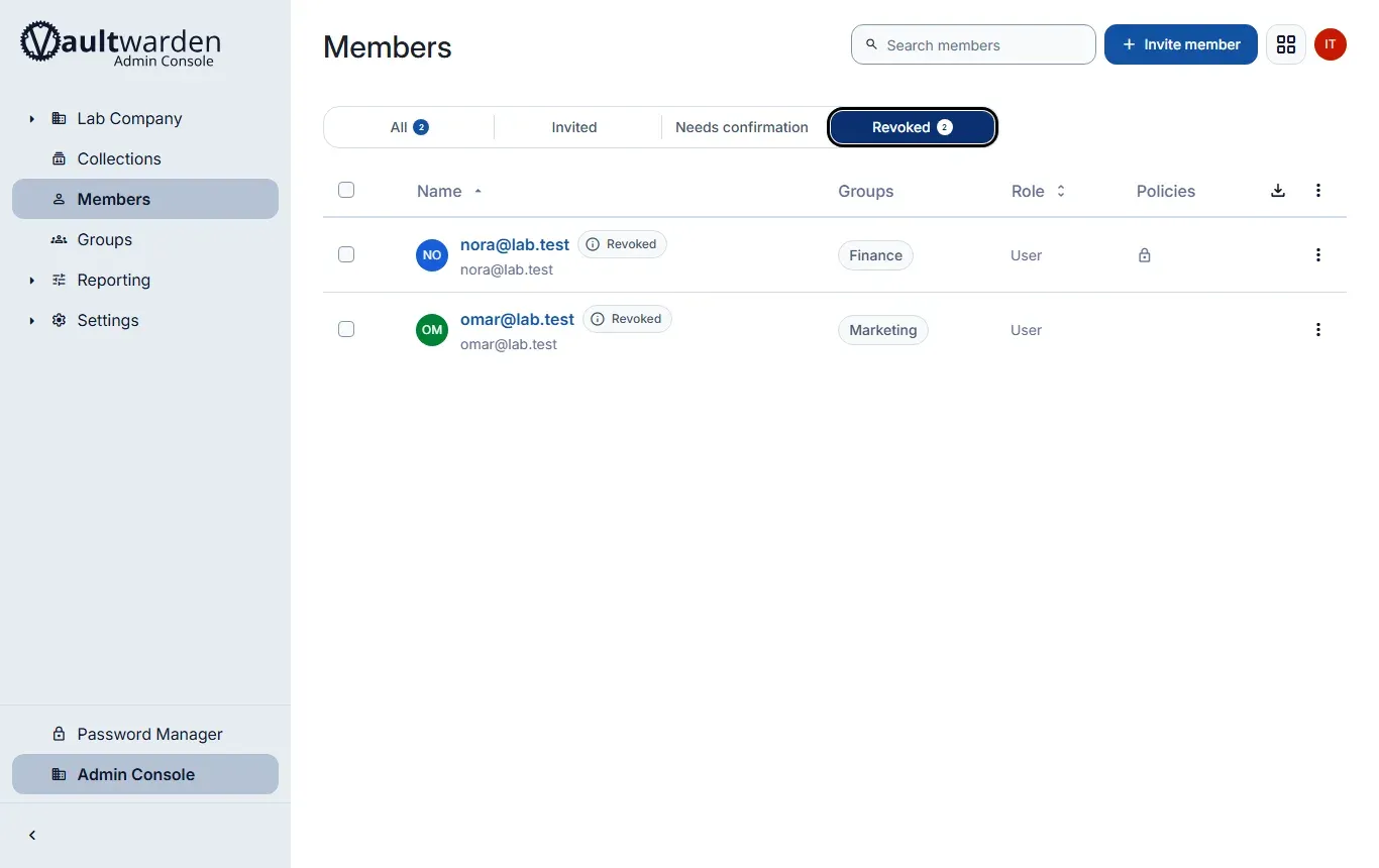 تبويب Revoked في صفحة الأعضاء، فيه nora@lab.test في فريق Finance وomar@lab.test في فريق Marketing، وبجانب كل منهما علامة Revoked