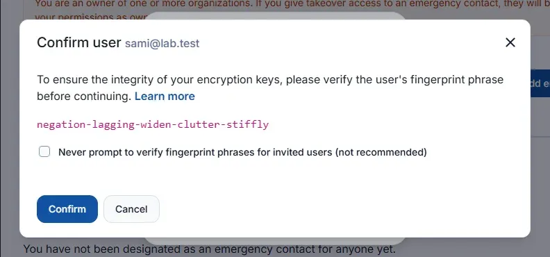 نافذة Confirm user sami@lab.test تطلب التحقق من عبارة البصمة negation-lagging-widen-clutter-stiffly قبل المتابعة، مع زر Confirm