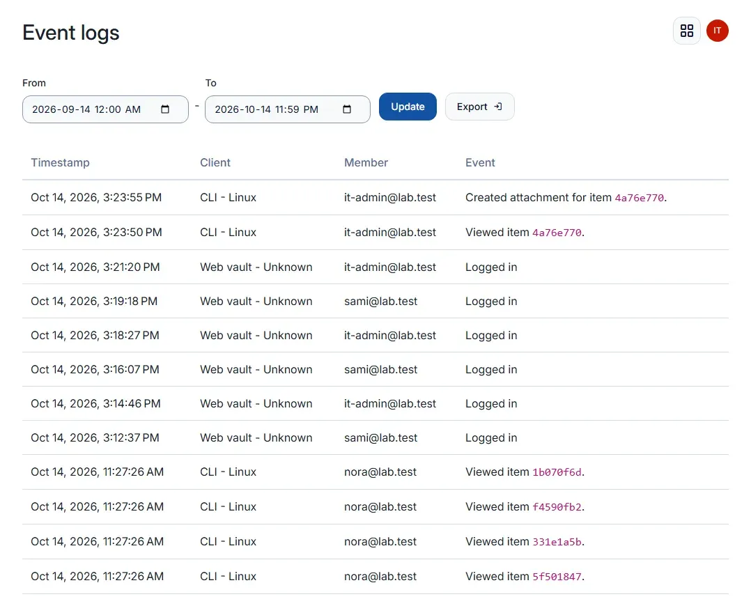 صفحة Event logs بأعمدة Timestamp وClient وMember وEvent، فيها إنشاء مرفق وعرض عنصر من سطر الأوامر بحساب it-admin، وتسجيلات دخول من الخزنة في المتصفح لـ sami وit-admin، وعرض nora لأربعة عناصر من سطر الأوامر