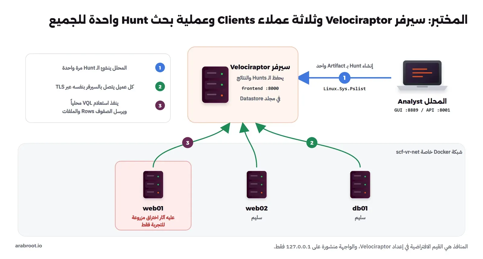 سيرفر Velociraptor في الأعلى وثلاثة سيرفرات Linux في الأسفل تتصل به، والمحلل ينشئ عملية بحث واحدة تصل للجميع