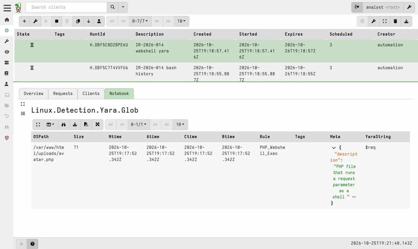 دفتر نتائج Hunt في Velociraptor يعرض الملف avatar.php مع أوقاته واسم قاعدة YARA