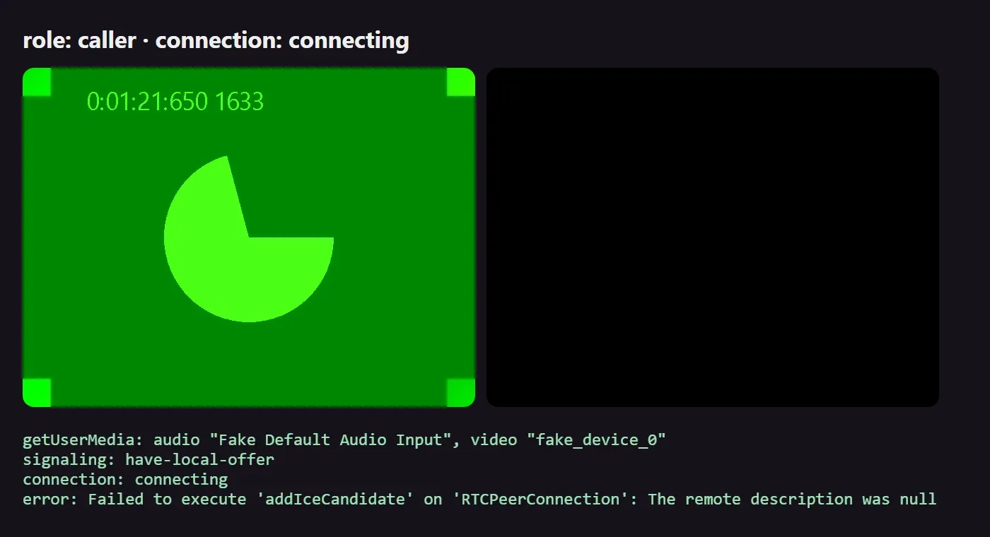 صفحة المتصل بخلفية داكنة: role caller وconnection connecting، الصورة المحلية من الكاميرا الوهمية تعمل والصورة البعيدة سوداء، وفي السجل signaling have-local-offer ثم connection connecting ثم الخطأ Failed to execute addIceCandidate on RTCPeerConnection: The remote description was null